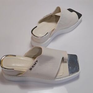 DKNY Women's White Slip-On Sandals with Silver Accent